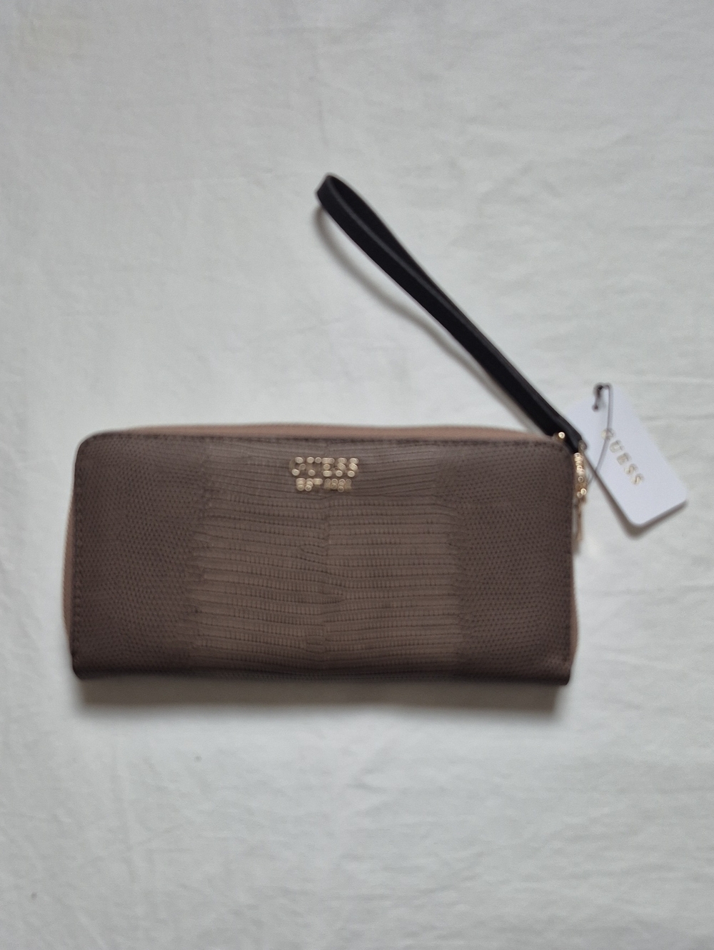 GUESS Taupe Lizard-Embossed Wristlet with Black Strap